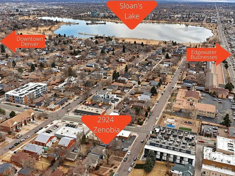 Aerial view of West Highlands neighborhood near Sloan's Lake and Downtown Denver