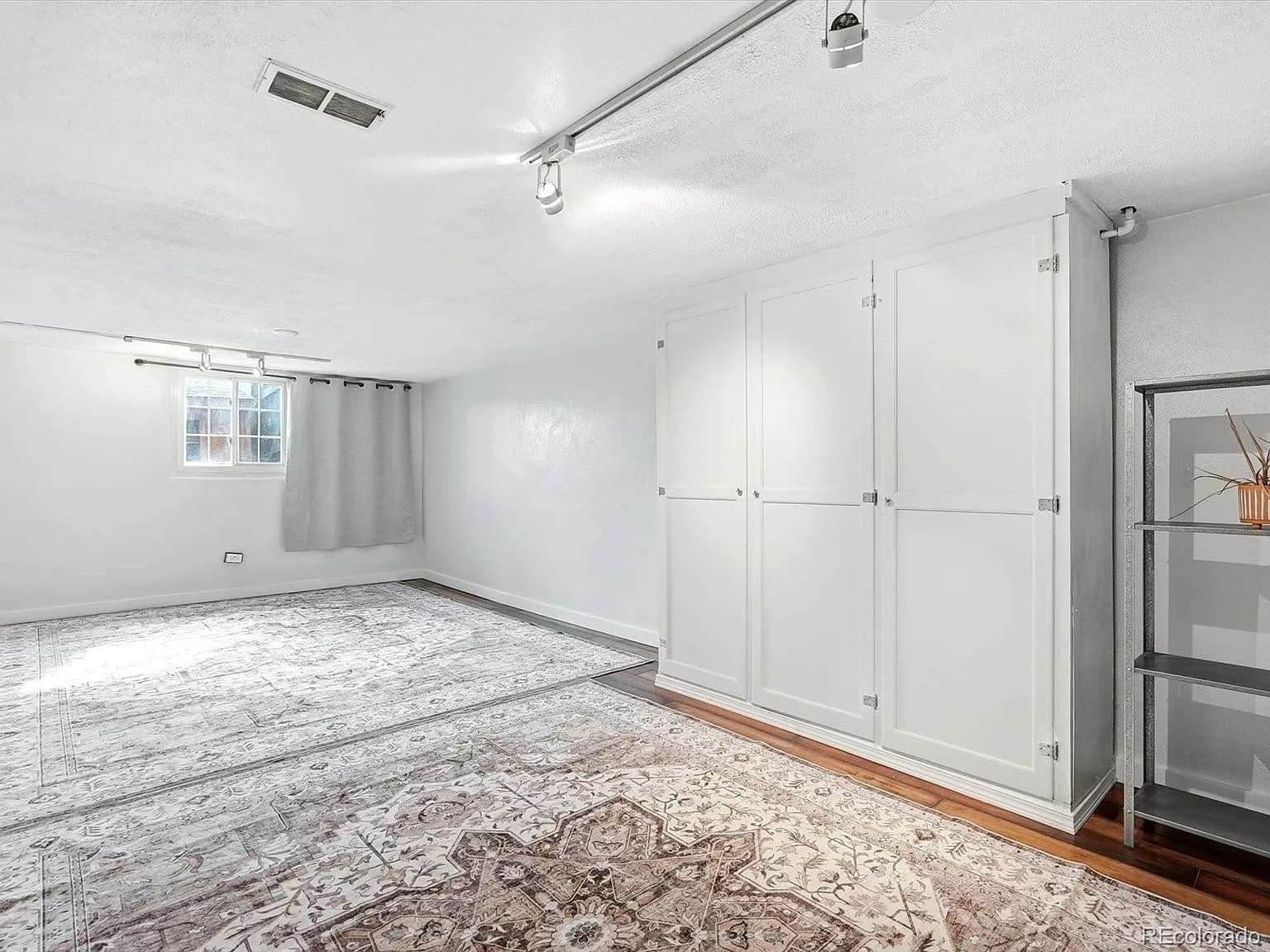 Basement bedroom with built-in closets and track lighting