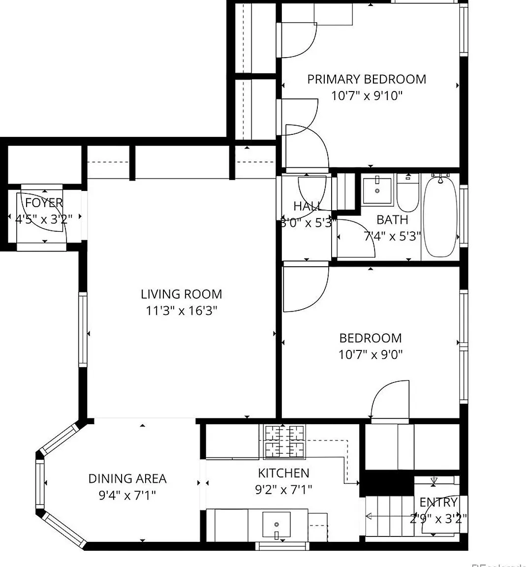 Main level floor plan — living room, two bedrooms, kitchen, dining, bathroom