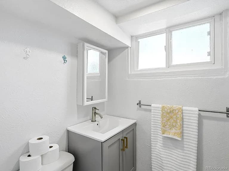 Basement three-quarter bathroom with modern vanity