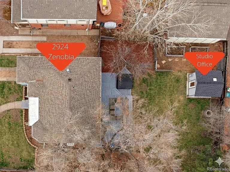 Aerial overhead view of the property lot and detached studio